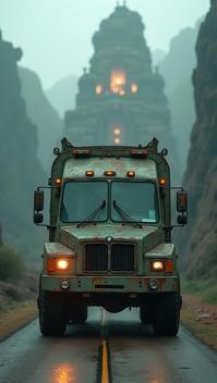 stylized by Oleg Oprisco, photograph, Mature Garbage truck of Underworld Fortitude , anthropomorphic with a face