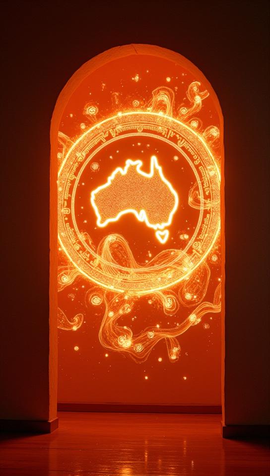 photograph, Shimmering Australian Alchemy symbols , with Wavy images, inside of a Merida