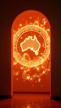 photograph, Shimmering Australian Alchemy symbols , with Wavy images, inside of a Merida