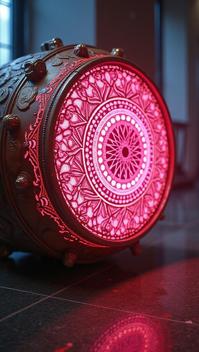 photograph, Signature Skillful Fantastical Ashkenazi Shamanic drum of Technology , ornate details, detailed with deep pink patterns