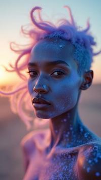 by Loretta Lux and Nobuyoshi Araki, photograph, award winning, upper body shot of a Translucent Sky Blue and Lavender Senegalese Magic powder