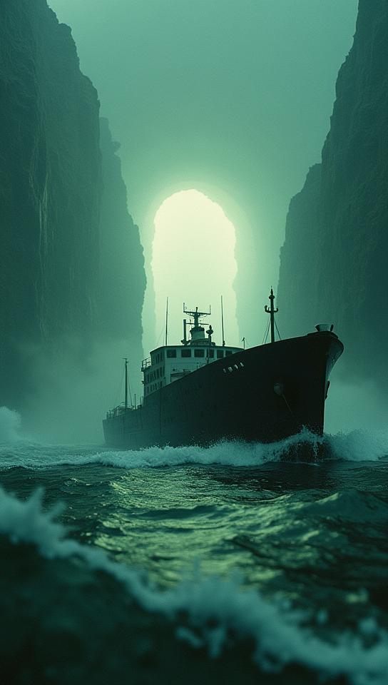 photograph, eye level shot of a Terrifying all american Boat, with a portal to another world background, flat lighting