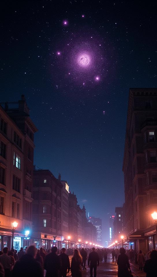 photograph, crowded city, Black and Purple Star cluster , the Aquarius constellation is Internally Glowing