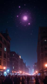 photograph, crowded city, Black and Purple Star cluster , the Aquarius constellation is Internally Glowing