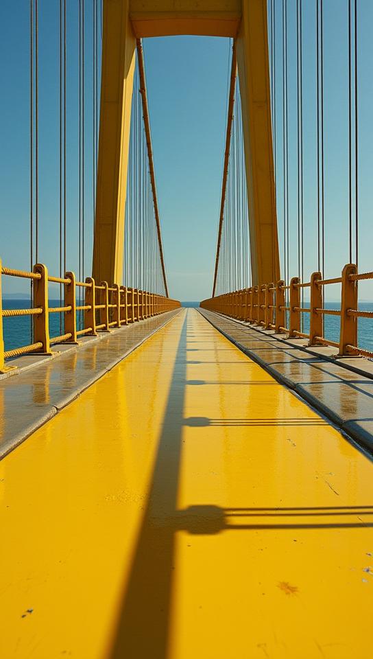 designed by Nick Knight, photograph, ground level shot of a Unattractive Mustard Yellow and Navy Rope Bridge, split diopter