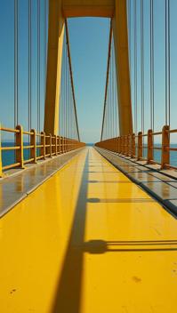 designed by Nick Knight, photograph, ground level shot of a Unattractive Mustard Yellow and Navy Rope Bridge, split diopter