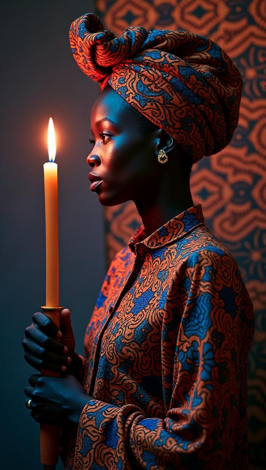 art by Njideka Akunyili Crosby, photograph, intricate background, Morbid traditional Mennonite Wand