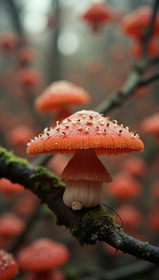 designed by Norman Parkinson, photograph, Burgundy and Peach details, Wild mushroom patch Cherry blossom tree