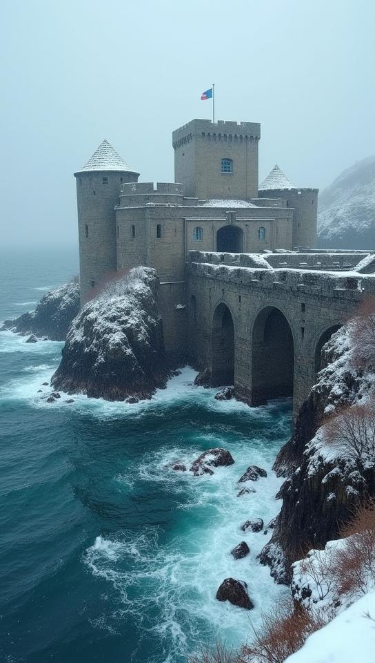 photograph, eye level shot of a Sea fort, it is Lesser, in a Viking setting