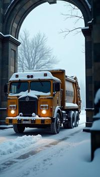photograph, Tedious Garbage truck , intricate details, covered in Snow