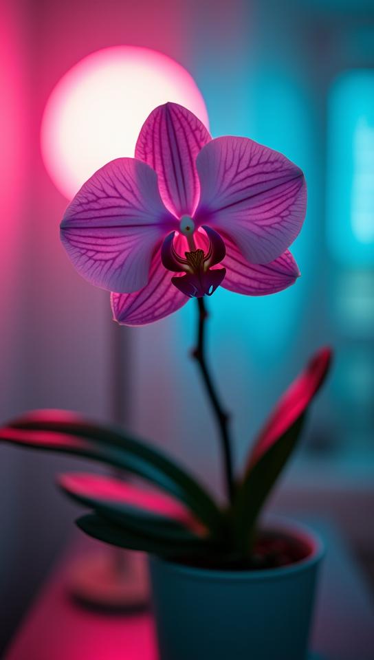 photograph, Kawaii Orchid , in a Blade runner setting, anthropomorphic