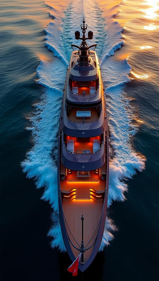 photograph, top down view of a Primordial Hyperdetailed Yacht, at Golden hour, Overdetailed art
