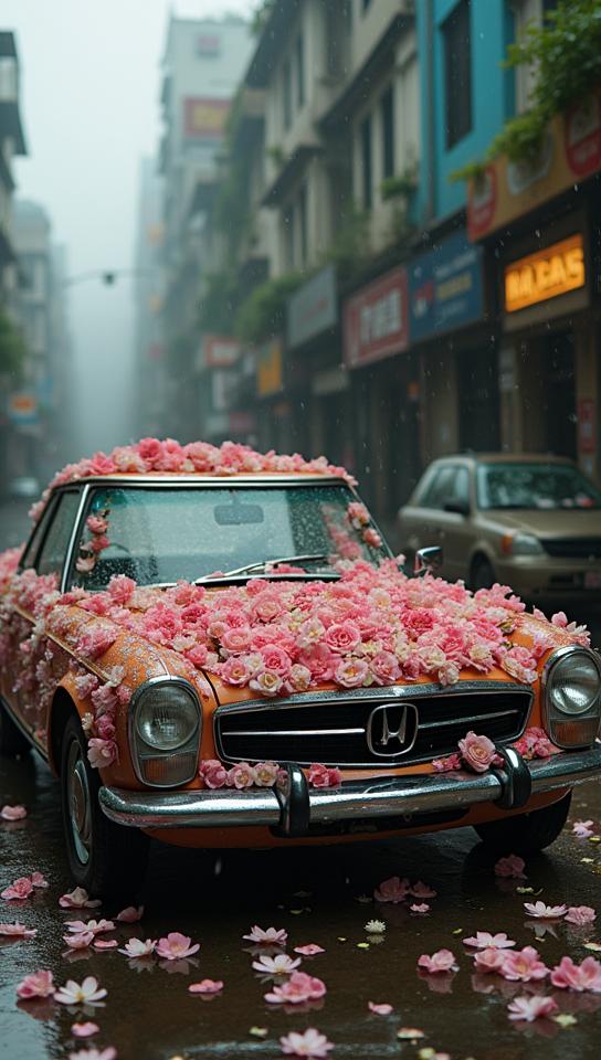 photograph, Selfish Honda, covered in Flowers, Stormy weather