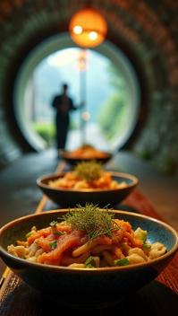 art by TJ Drysdale and Sergio Larra n , photograph, Mongolian entree , detailed with Eye catching patterns