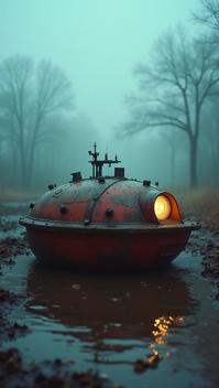 designed by Wim Wenders , photograph, upper body shot of a Old Sharp Muscle car bathysphere , covered in Mud