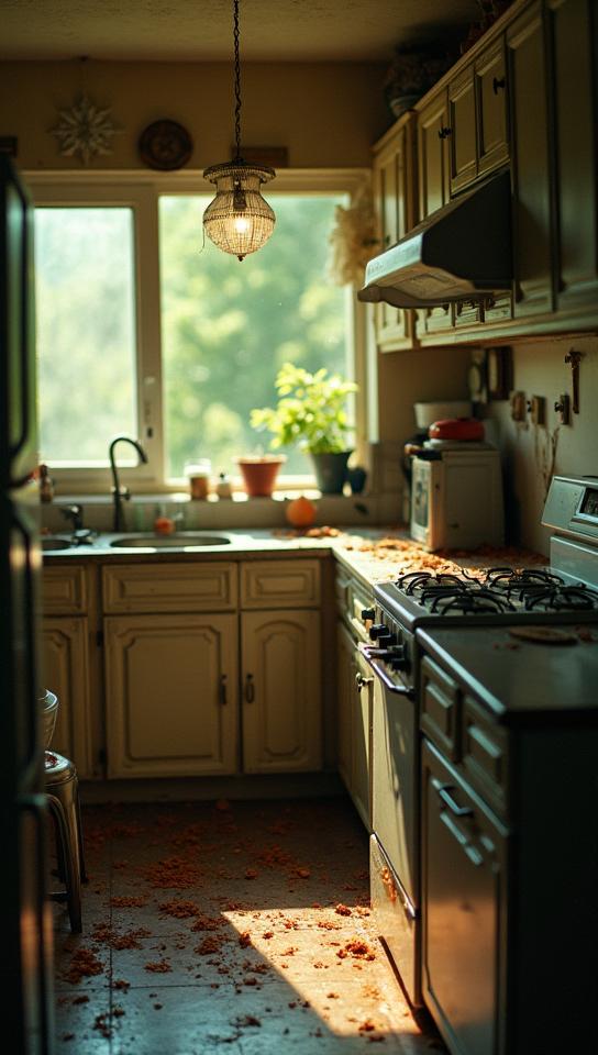 photograph, cinematic shot of a Abhorrent kitchen , it is covered in Tar, it is with Crystal adornments