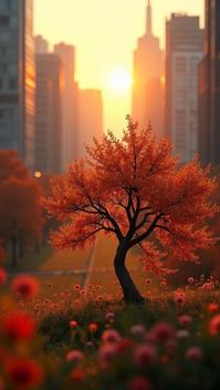 photograph, cityscape, Maroon, Mustard and Charcoal Dandelion fluff Apple tree of Future