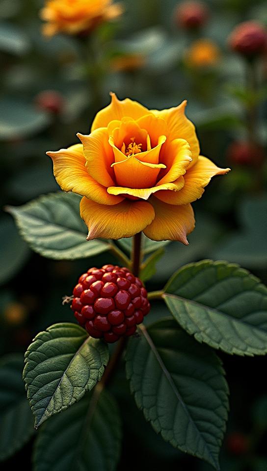 photograph, Folded Horn, top down view of a Pitiful Wild berry bush , it is in a Fae setting