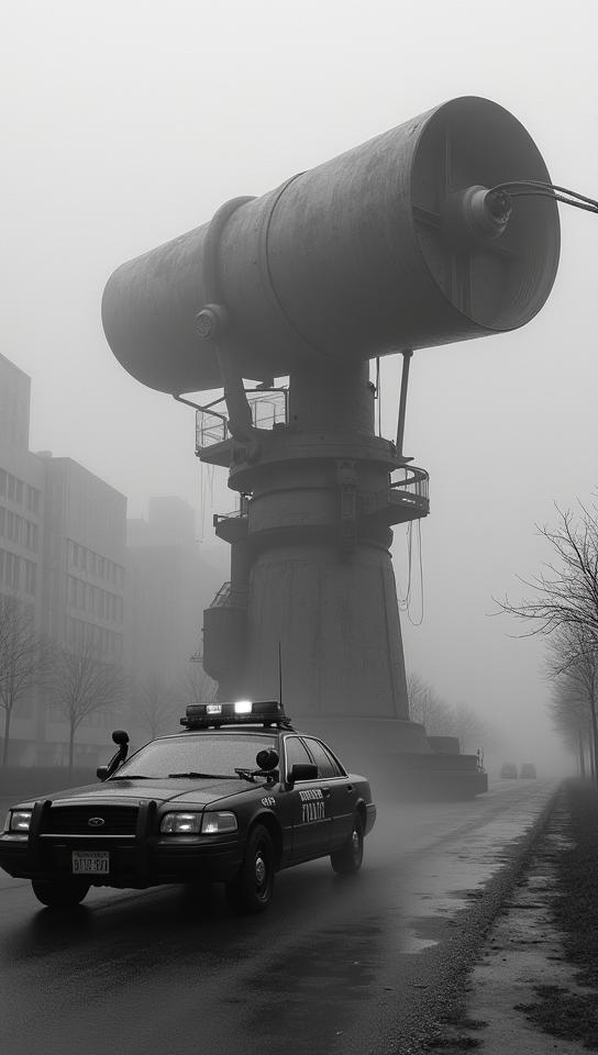 photograph, city street, Event horizon telescope Police car , Smoky Conditions