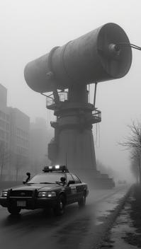 photograph, city street, Event horizon telescope Police car , Smoky Conditions