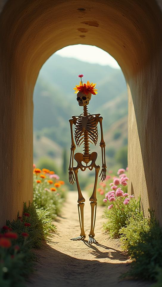 photograph, Flowery Skeleton, from inside a Tunnel, Fine art