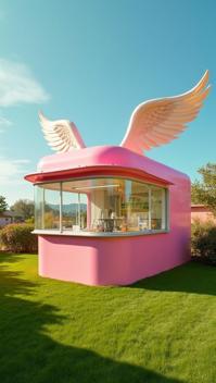 photograph, Winged ice cream stand , grass, art by Ezra Stoller