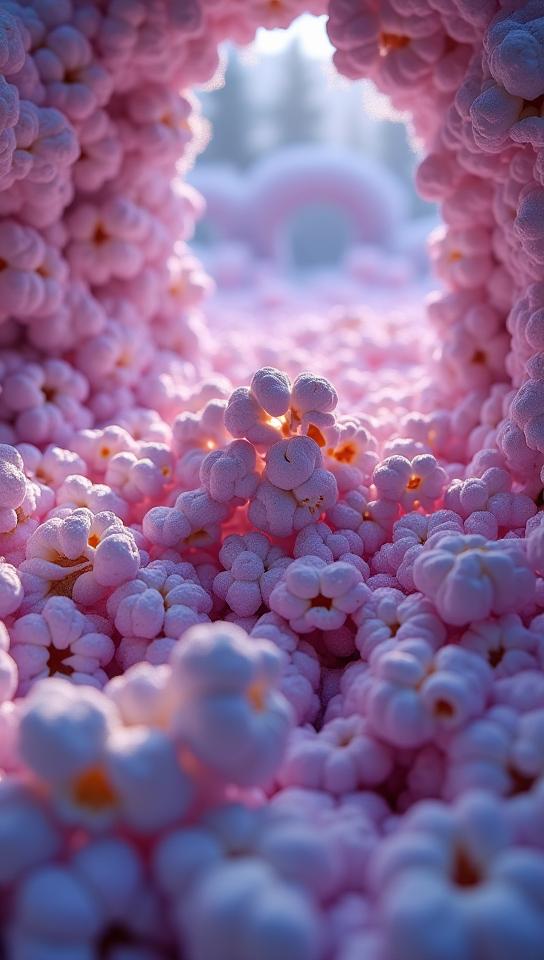 photograph, angle from above of a Mint and Lilac popcorn, Oversized, from inside of a Grotto