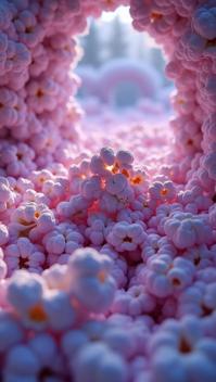 photograph, angle from above of a Mint and Lilac popcorn, Oversized, from inside of a Grotto