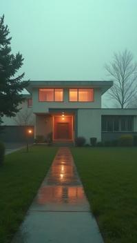 photograph, POV shot of a Lifelike Bauhaus Ranch house , it is anthropomorphic with a face, Hazy conditions
