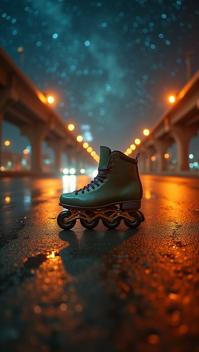 photograph, Sh wa Era Rollerblades , made from Andromeda galaxy, covered in Rust