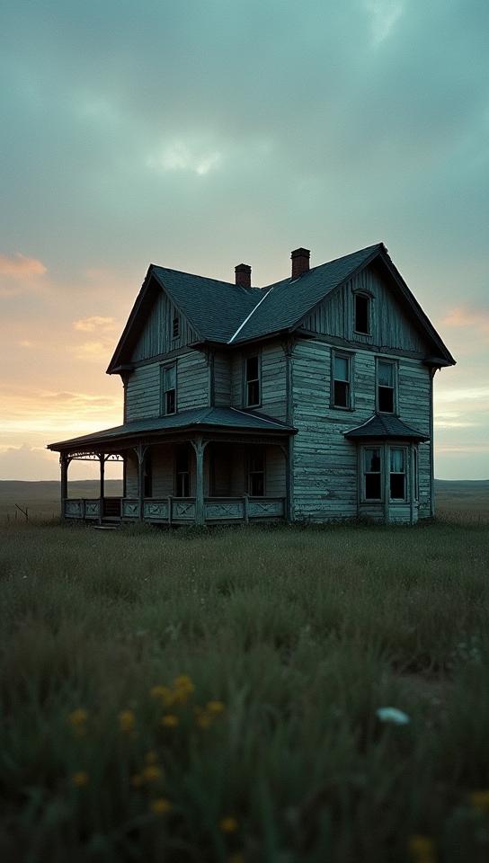 photograph, Worn Out Victorian Cabin , simple background, at Dawn