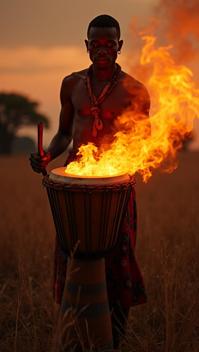photograph, Supersized Pocketed Kenyan Shamanic drum, at Dusk, Overdetailed art