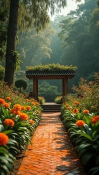 photograph, Malaysian Garden , the Garden is Balanced, it is detailed with electric orange patterns