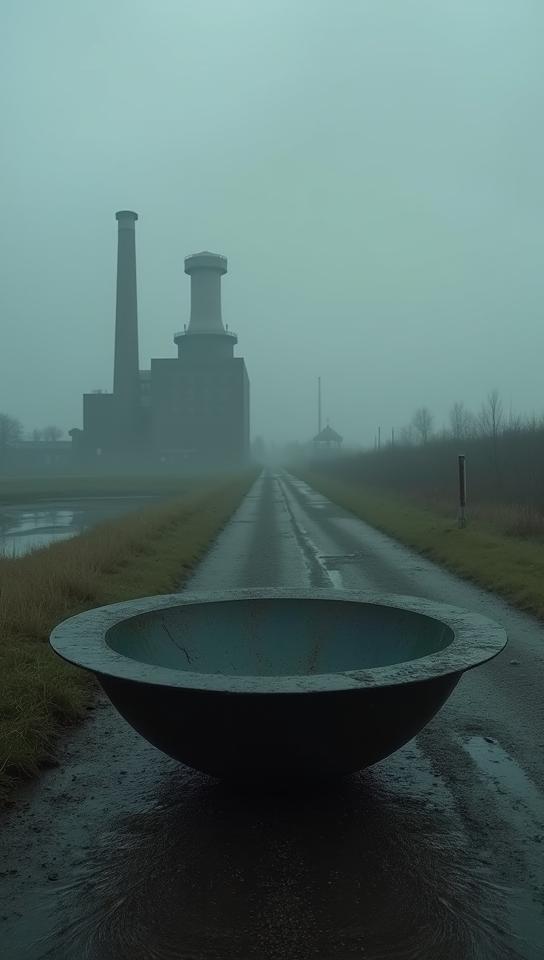 photograph, Vile Futuristic Scrying bowl, near Bustled Fossil fuel power station, Very wide view