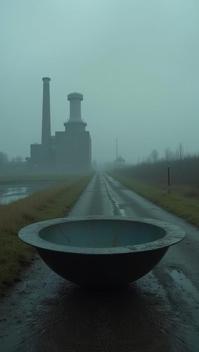 photograph, Vile Futuristic Scrying bowl, near Bustled Fossil fuel power station, Very wide view