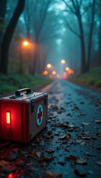 photograph, shoulder level shot of a Spellbinding Eye catching First aid kit, Panorama, detailed