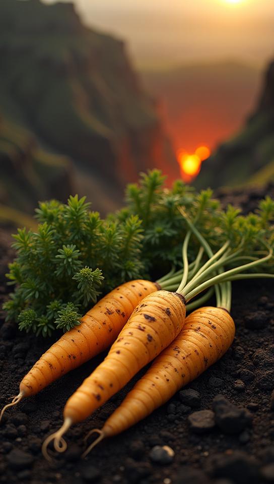 photograph, cozy, Sexy Prehistoric parsnips, Detailed lava pit in background