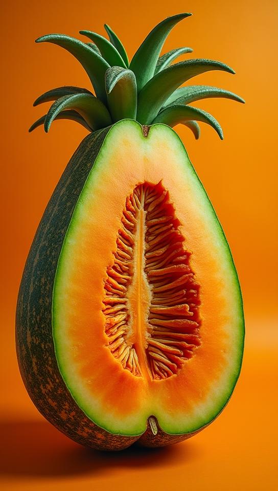 stylized by Sandy Skoglund and Grete Stern, photograph, selfie shot angle of a Mayan muskmelon, it is Average