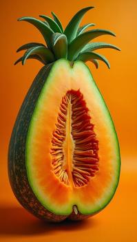 stylized by Sandy Skoglund and Grete Stern, photograph, selfie shot angle of a Mayan muskmelon, it is Average