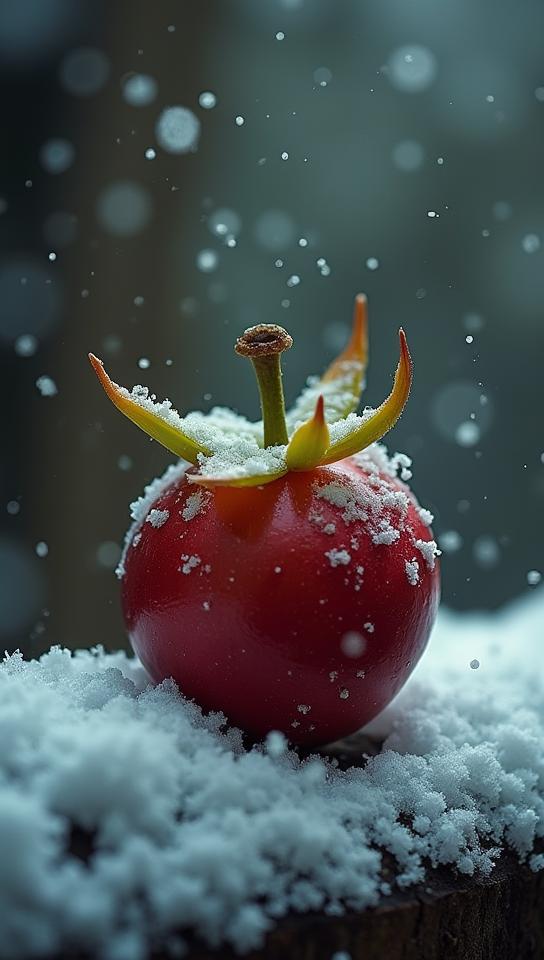 photograph, Decals, low angle shot of a Symbolic mangosteen basil , Snowing