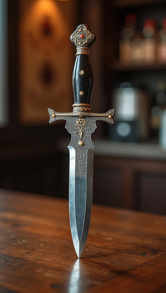 photograph, Fashion shot of a Repulsive Tibetan Dagger , made by Starbucks, background