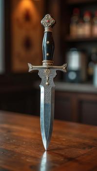 photograph, Fashion shot of a Repulsive Tibetan Dagger , made by Starbucks, background