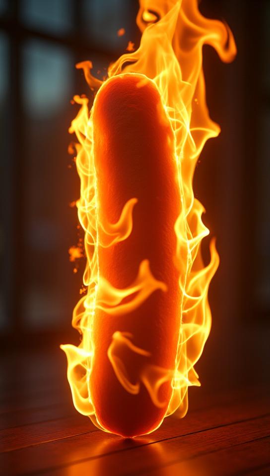 designed by Michael Wesely, photograph, eye level shot of a Misshapen hotdog, it is covered in Fire