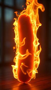 designed by Michael Wesely, photograph, eye level shot of a Misshapen hotdog, it is covered in Fire