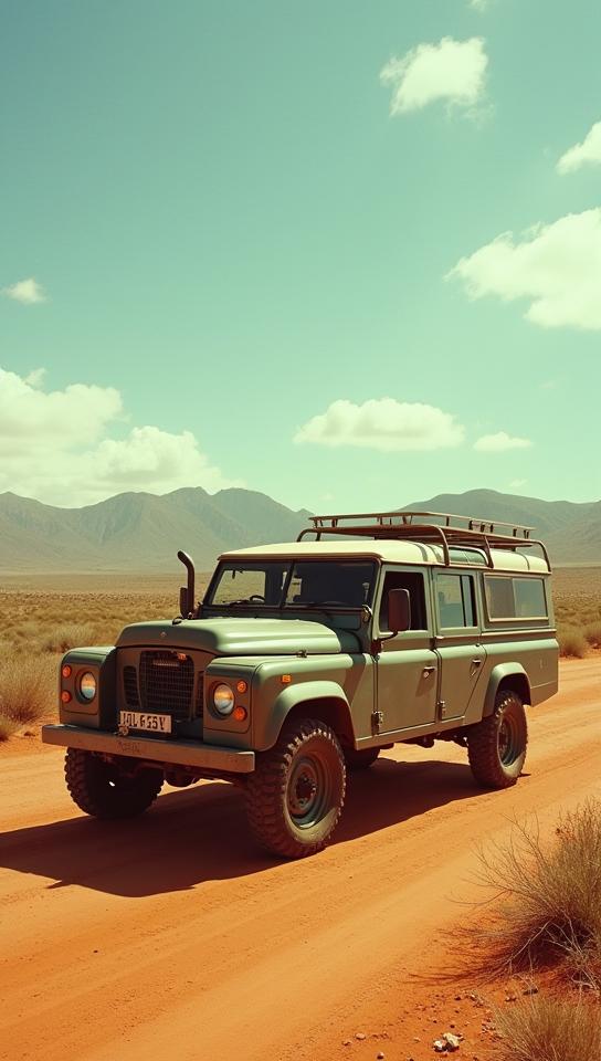 designed by Roger Deakins , photograph, wide shot of a Resplendent South African wheeled vehicle, Very wide view
