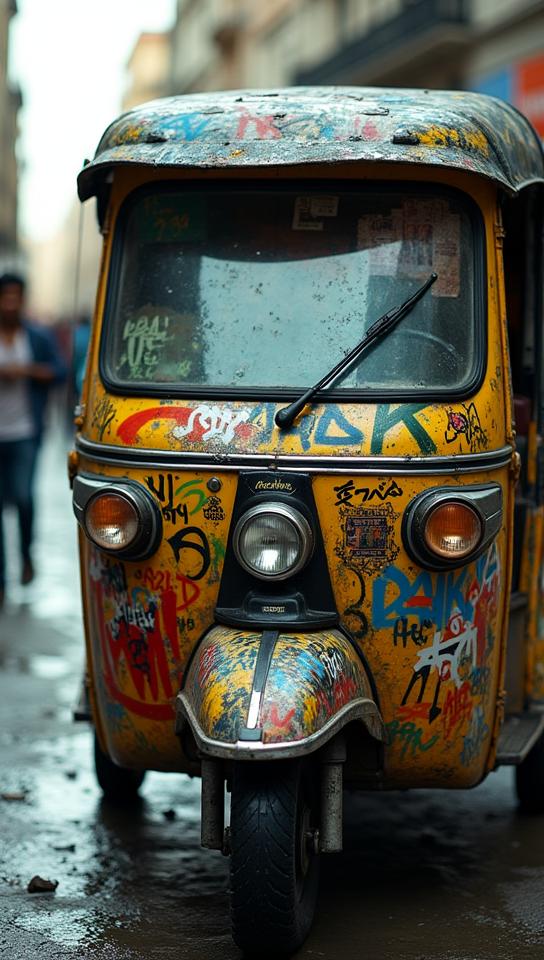 photograph, Tuk tuk, covered in Graffiti, Deeply Thoughtful background