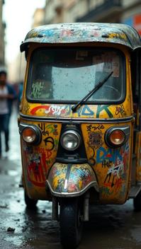 photograph, Tuk tuk, covered in Graffiti, Deeply Thoughtful background
