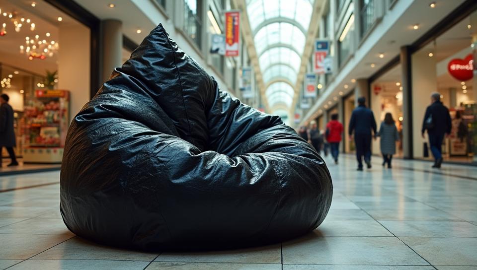 photograph, medium close up shot of a Striking Gothic Bean bag chair, Angelic Shopping mall in background, Very wide view
