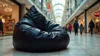 photograph, medium close up shot of a Striking Gothic Bean bag chair, Angelic Shopping mall in background, Very wide view
