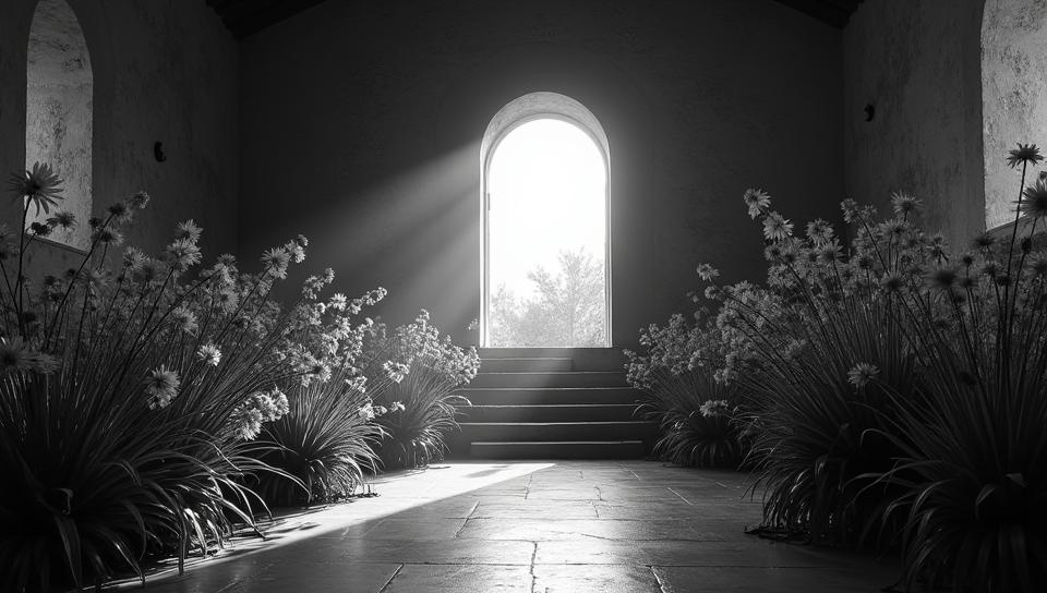 photograph, cinematic shot of a Chibi Black and Silver Sardinian Church, inside a Impeccable flowers, Bathed in shadows